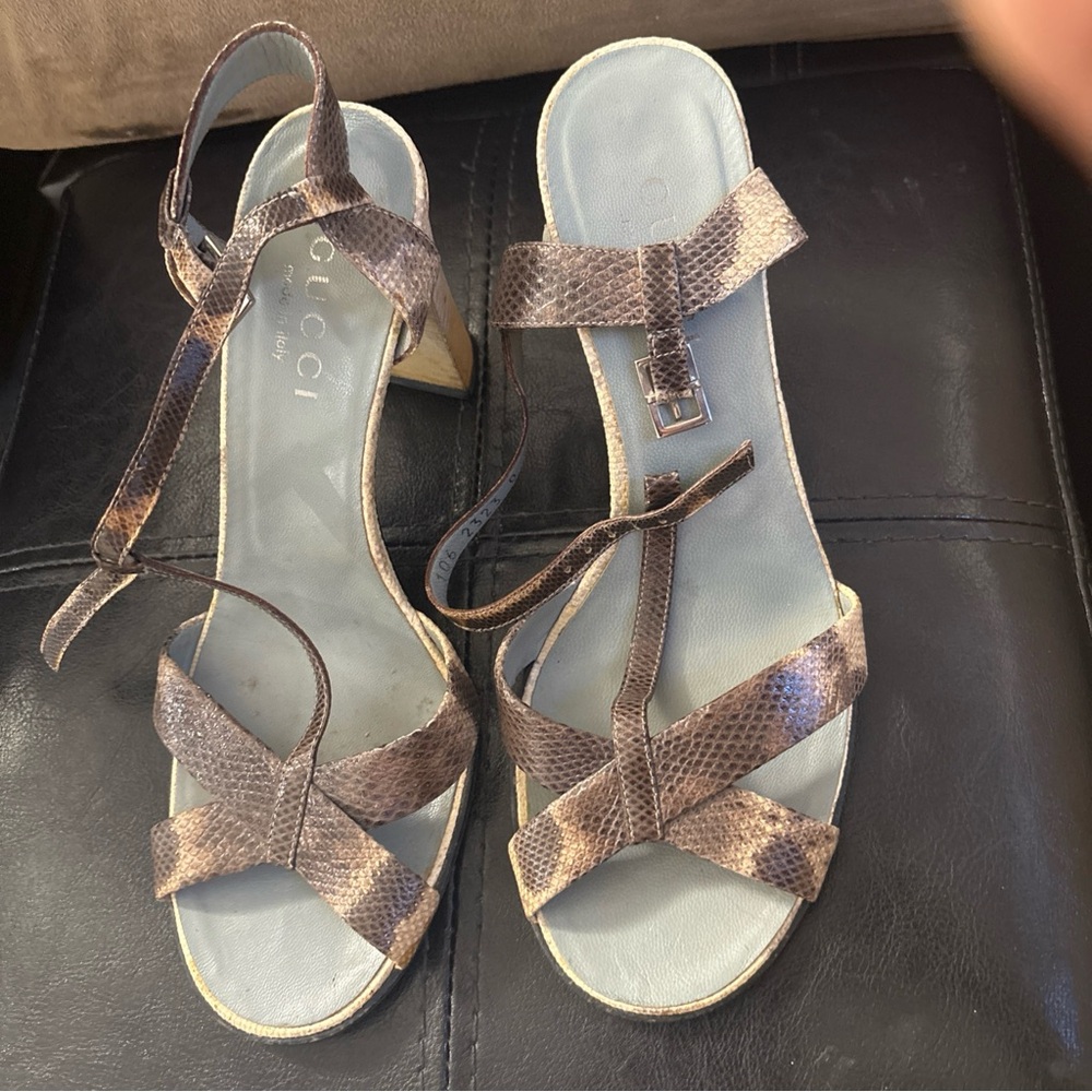 Gucci Sandals high heels wood Python snake skin sandal size 6.5 - Picture 12 of 13